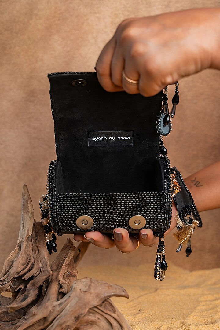 Black Velvet Mirror Embroidered Cylindrical Bag by Nayaab by Sonia at Pernia's Pop Up Shop