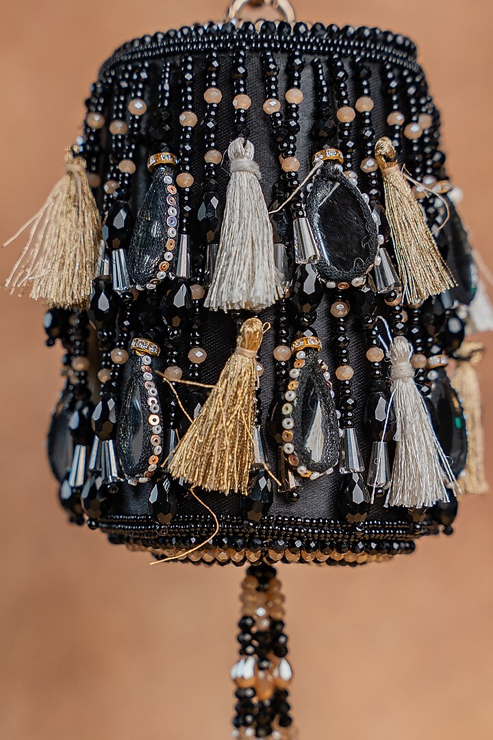 Black Velvet Mirror Embroidered Cylindrical Bag by Nayaab by Sonia at Pernia's Pop Up Shop