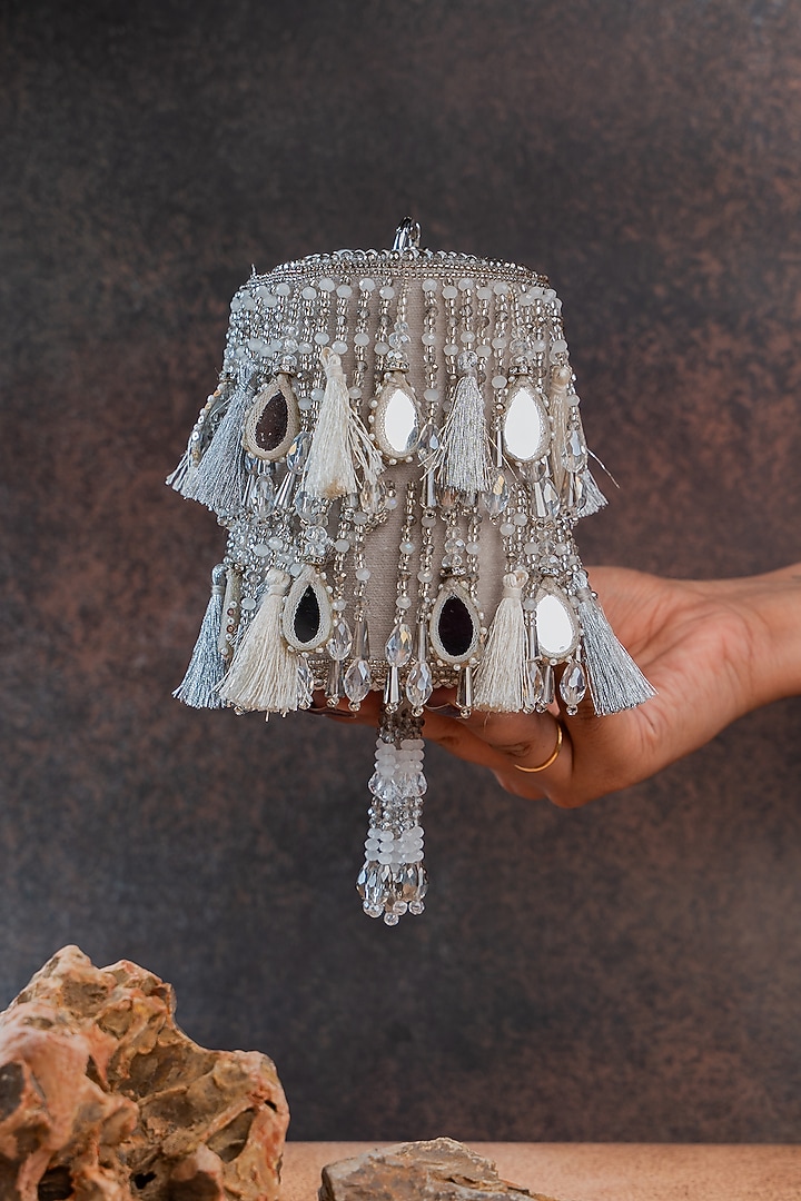 Silver Velvet Mirror Embroidered Cylindrical Bag by Nayaab by Sonia at Pernia's Pop Up Shop