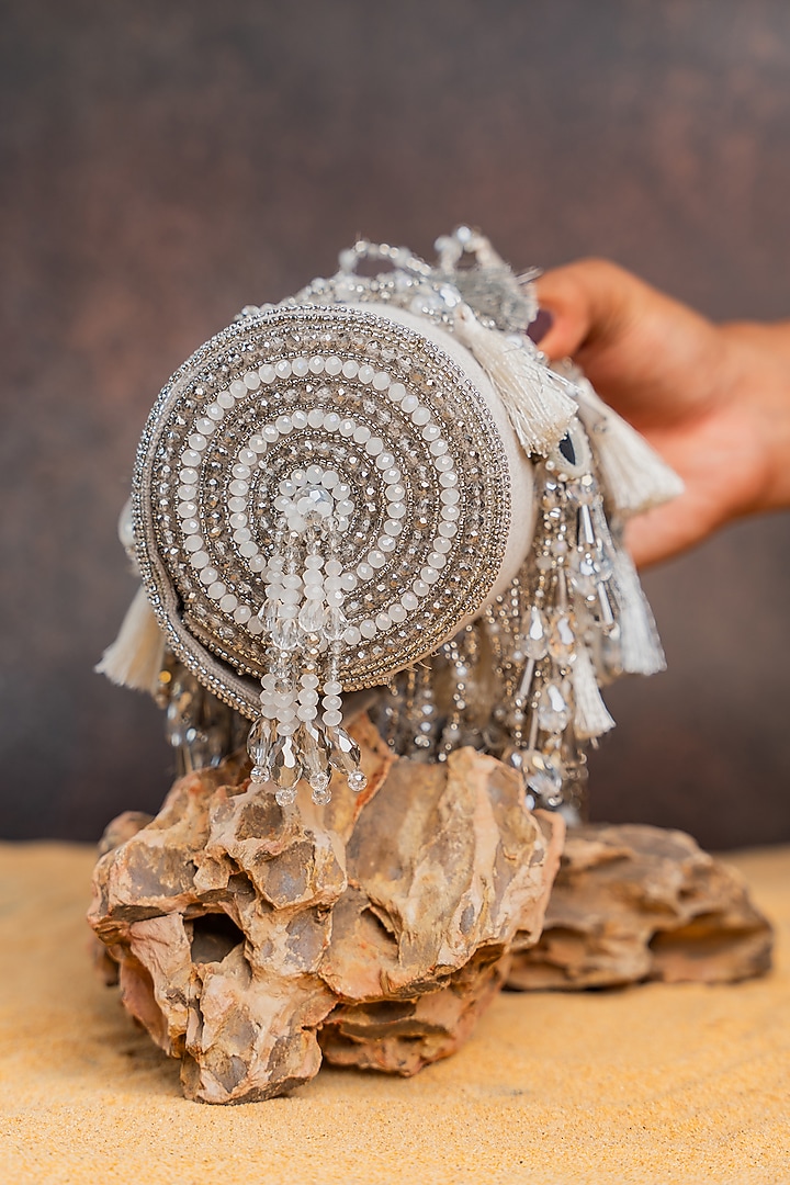 Silver Velvet Mirror Embroidered Cylindrical Bag by Nayaab by Sonia at Pernia's Pop Up Shop