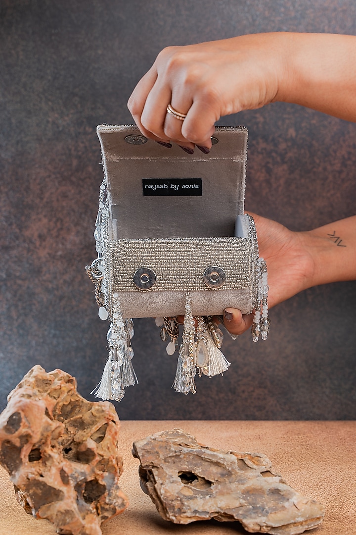 Silver Velvet Mirror Embroidered Cylindrical Bag by Nayaab by Sonia at Pernia's Pop Up Shop