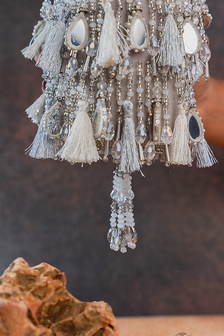Silver Velvet Mirror Embroidered Cylindrical Bag by Nayaab by Sonia at Pernia's Pop Up Shop