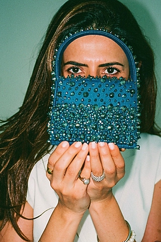 Dusty Blue Denim Pearl Hand Embellished Mini Bag by Nayaab by Sonia