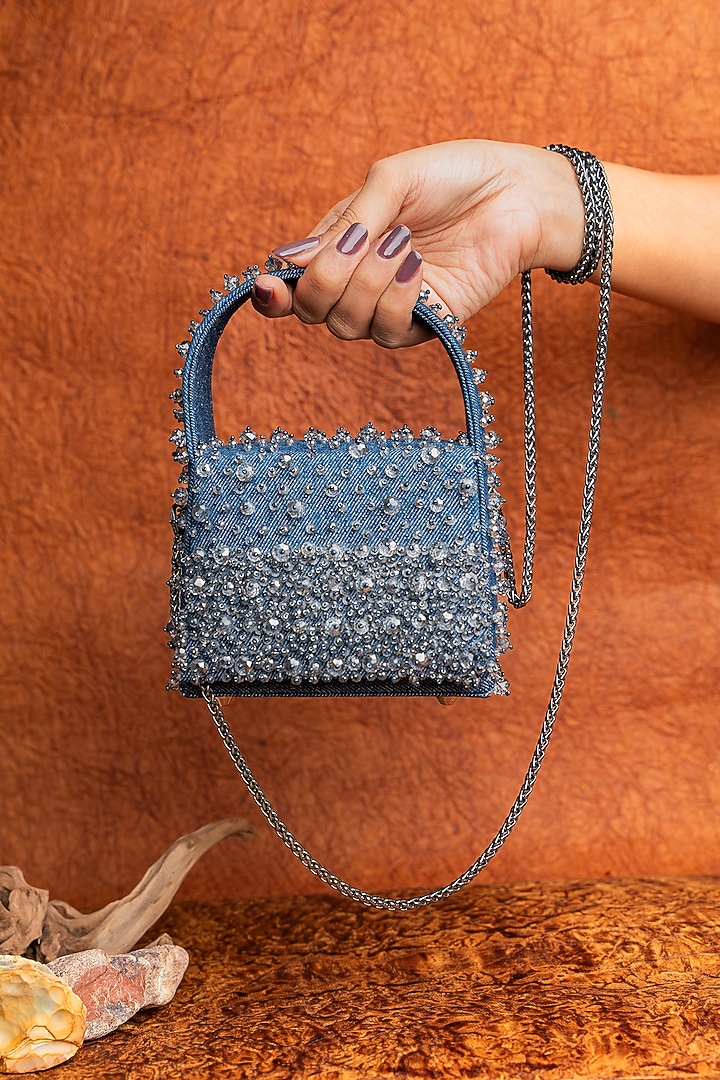 Dusty Blue Denim Pearl Hand Embellished Mini Bag by Nayaab by Sonia at Pernia's Pop Up Shop
