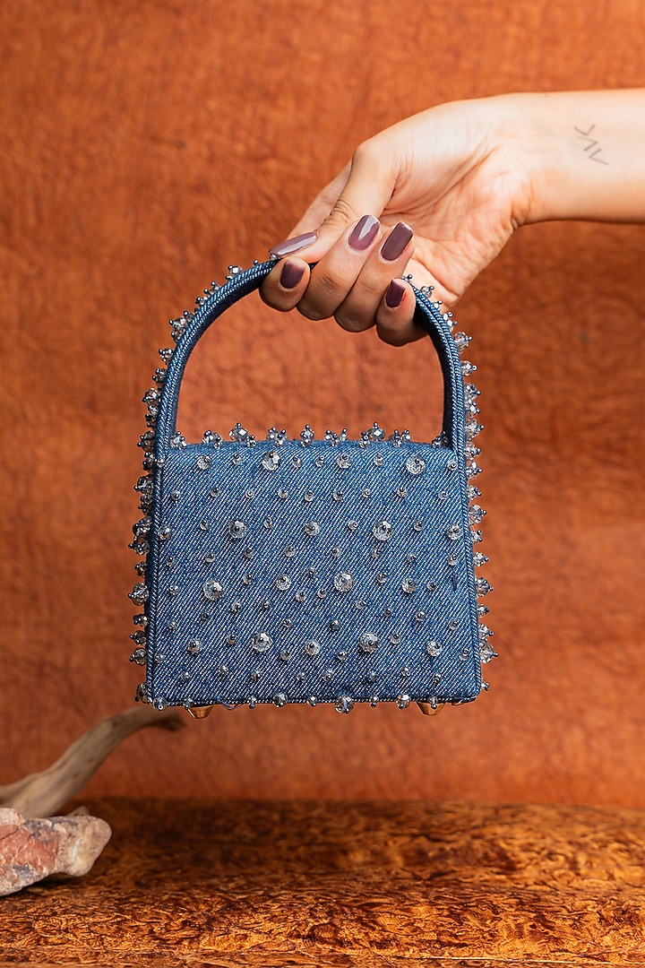 Dusty Blue Denim Pearl Hand Embellished Mini Bag by Nayaab by Sonia at Pernia's Pop Up Shop