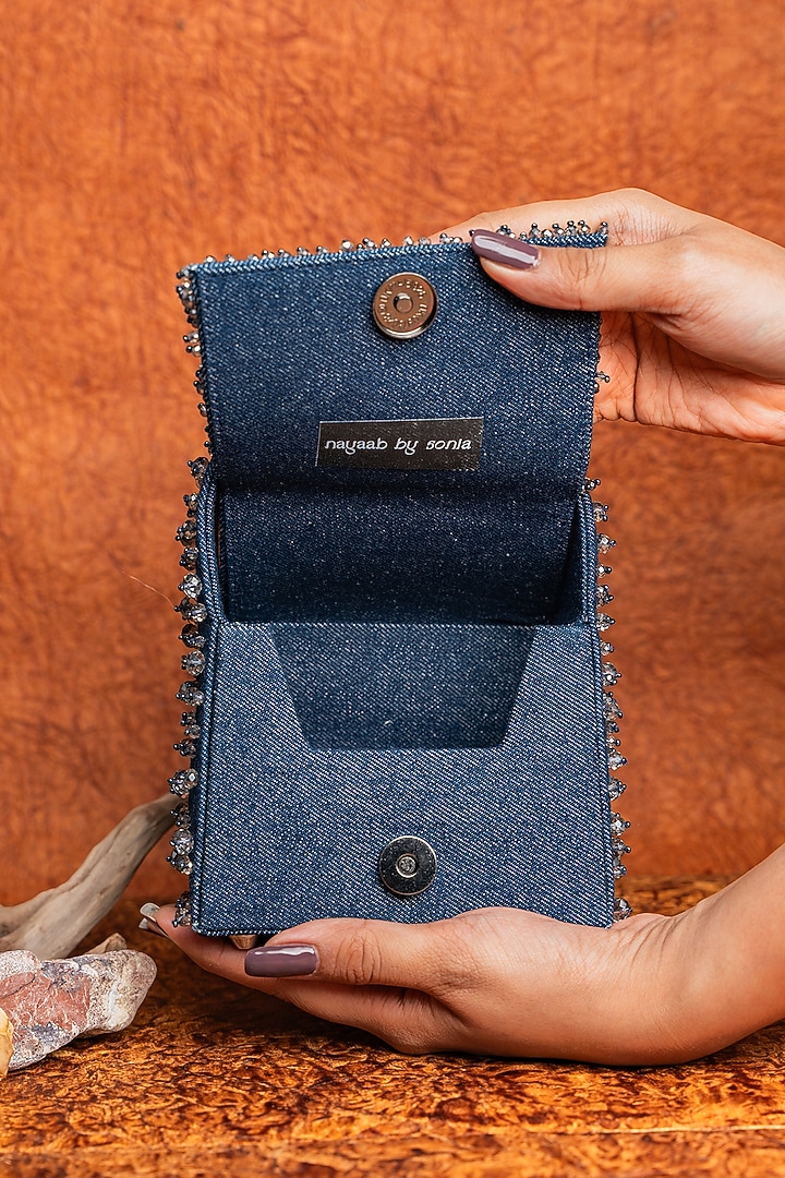 Dusty Blue Denim Pearl Hand Embellished Mini Bag by Nayaab by Sonia at Pernia's Pop Up Shop