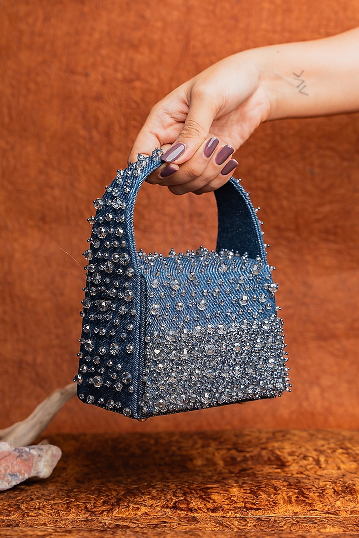 Dusty Blue Denim Pearl Hand Embellished Mini Bag by Nayaab by Sonia at Pernia's Pop Up Shop