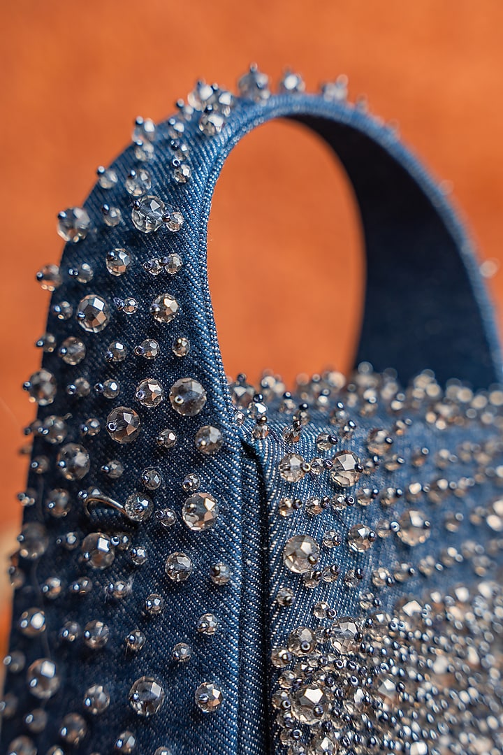 Dusty Blue Denim Pearl Hand Embellished Mini Bag by Nayaab by Sonia at Pernia's Pop Up Shop
