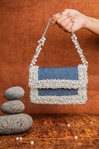 Blue Denim Pearl Hand Embroidered Mini Bag by Nayaab by Sonia