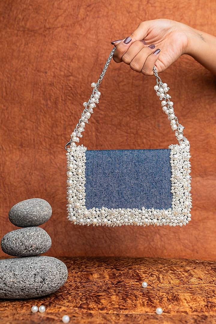 Blue Denim Pearl Hand Embroidered Mini Bag by Nayaab by Sonia at Pernia's Pop Up Shop