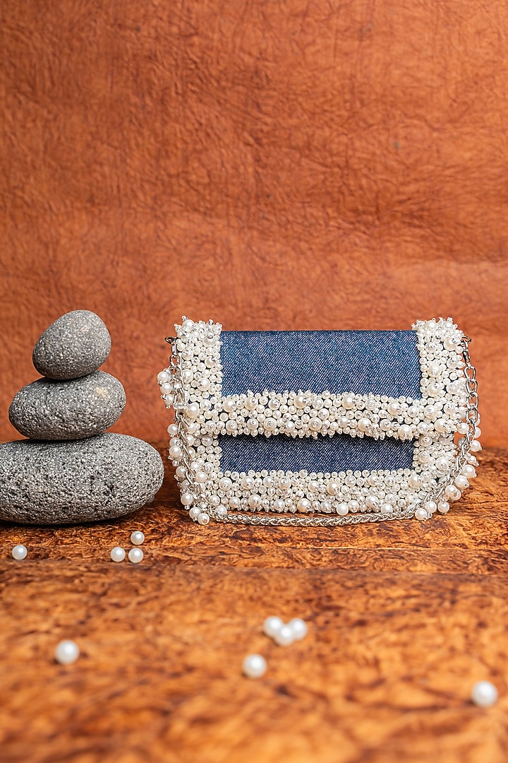 Blue Denim Pearl Hand Embroidered Mini Bag by Nayaab by Sonia at Pernia's Pop Up Shop