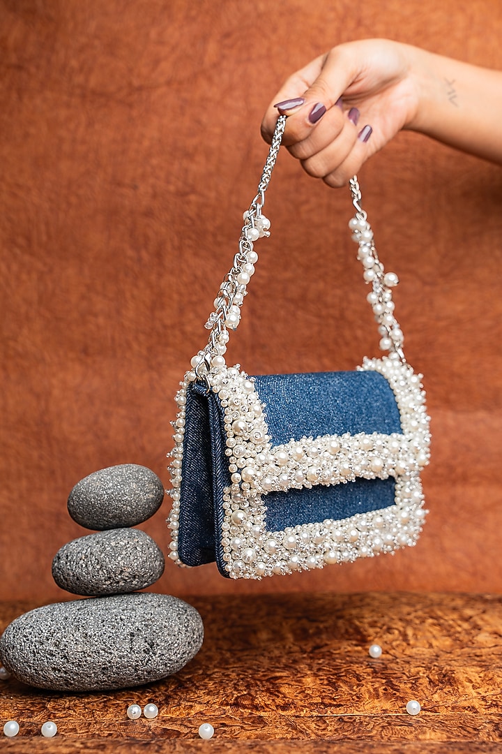 Blue Denim Pearl Hand Embroidered Mini Bag by Nayaab by Sonia at Pernia's Pop Up Shop