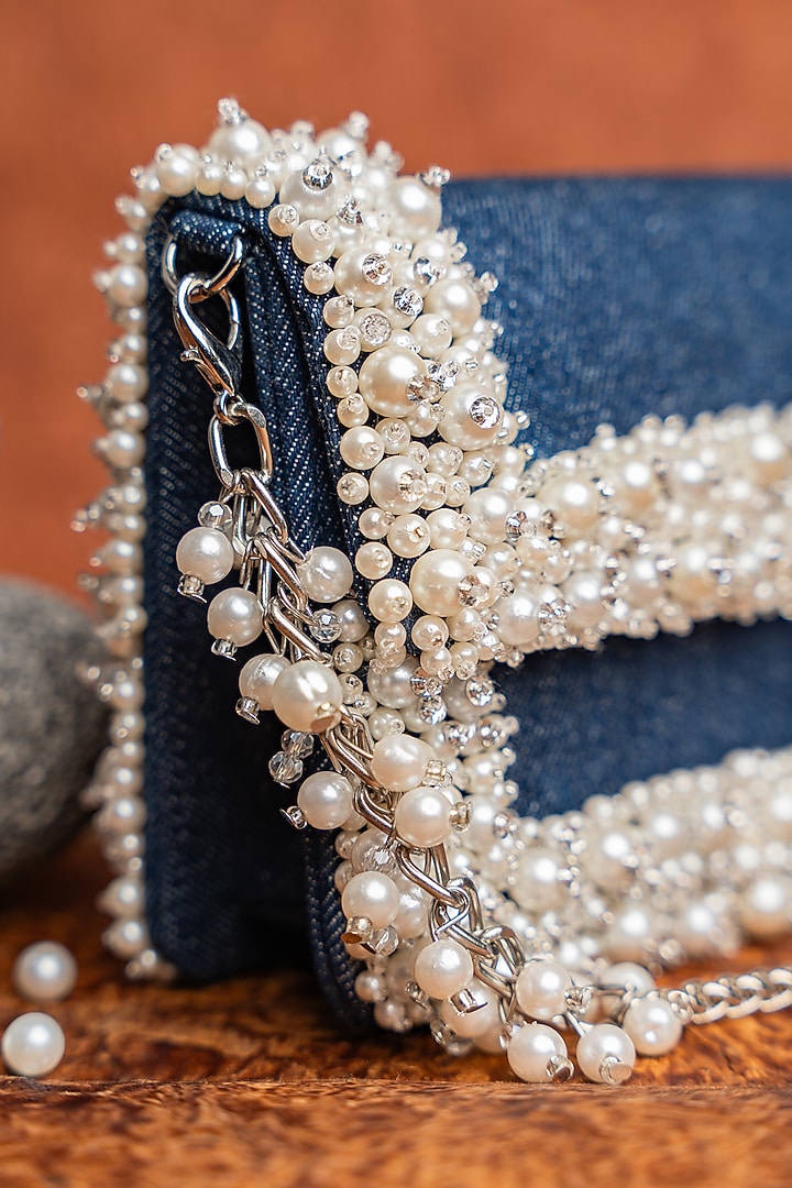 Blue Denim Pearl Hand Embroidered Mini Bag by Nayaab by Sonia at Pernia's Pop Up Shop