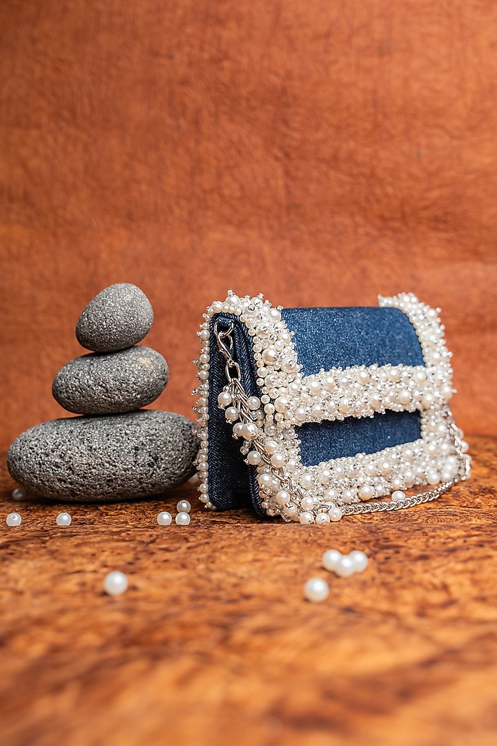 Blue Denim Pearl Hand Embroidered Mini Bag by Nayaab by Sonia at Pernia's Pop Up Shop