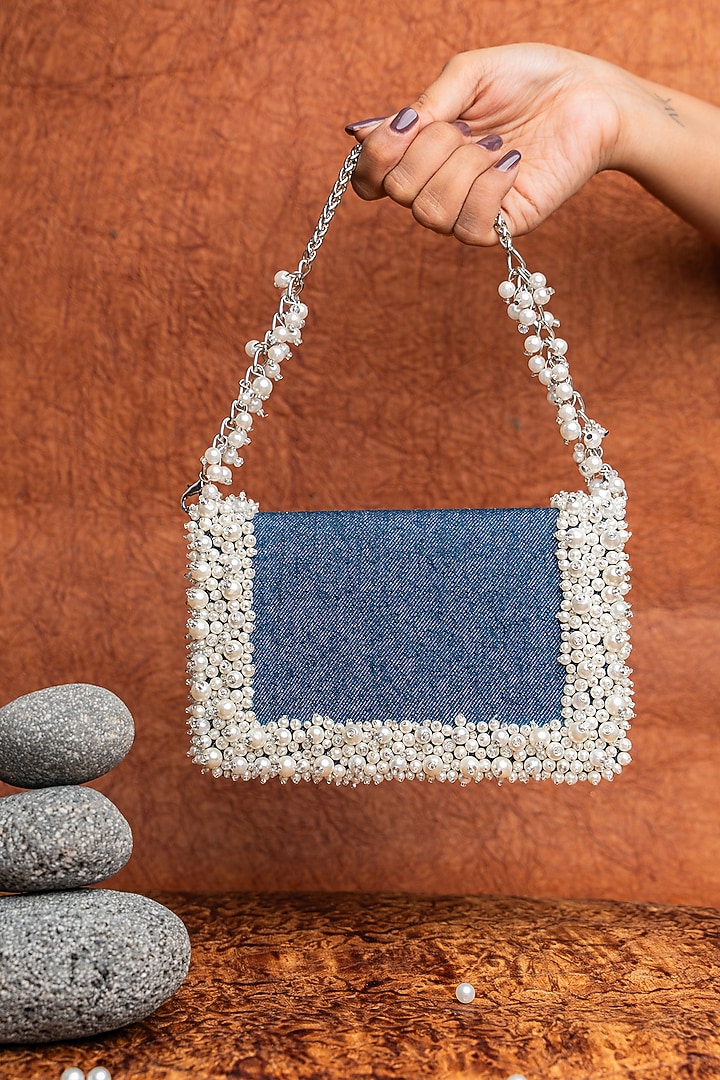 Blue Denim Pearl Hand Embellished Bag by Nayaab by Sonia at Pernia's Pop Up Shop