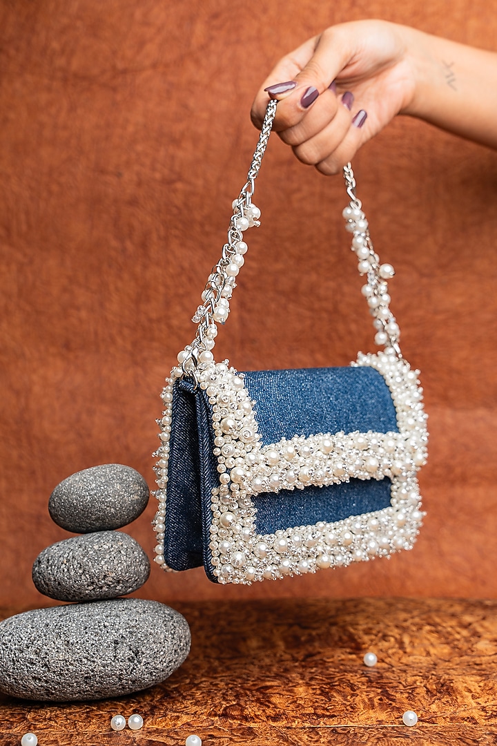 Blue Denim Pearl Hand Embellished Bag by Nayaab by Sonia at Pernia's Pop Up Shop