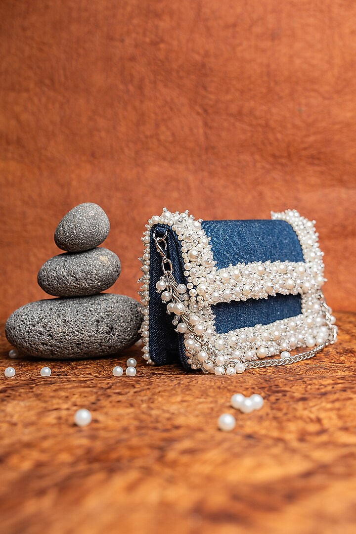 Blue Denim Pearl Hand Embellished Bag by Nayaab by Sonia at Pernia's Pop Up Shop