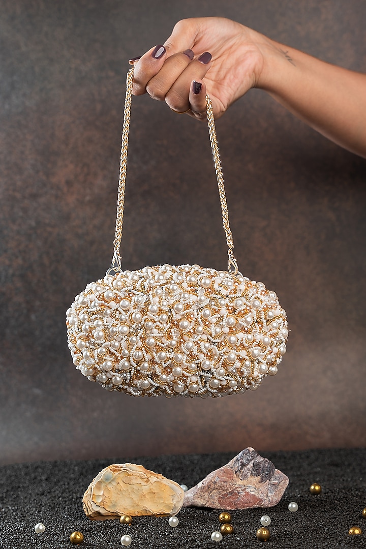White Silk Bead & Pearl Embroidered Clutch by Nayaab by Sonia at Pernia's Pop Up Shop