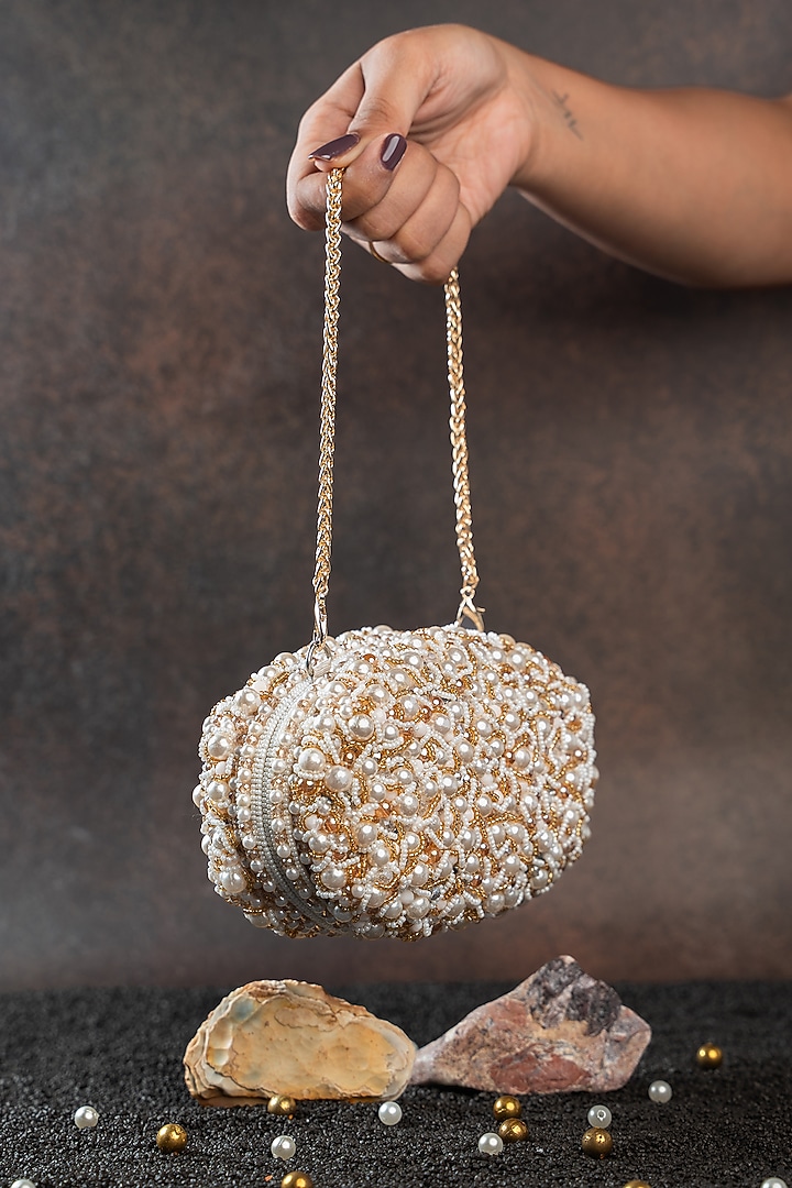 White Silk Bead & Pearl Embroidered Clutch by Nayaab by Sonia at Pernia's Pop Up Shop