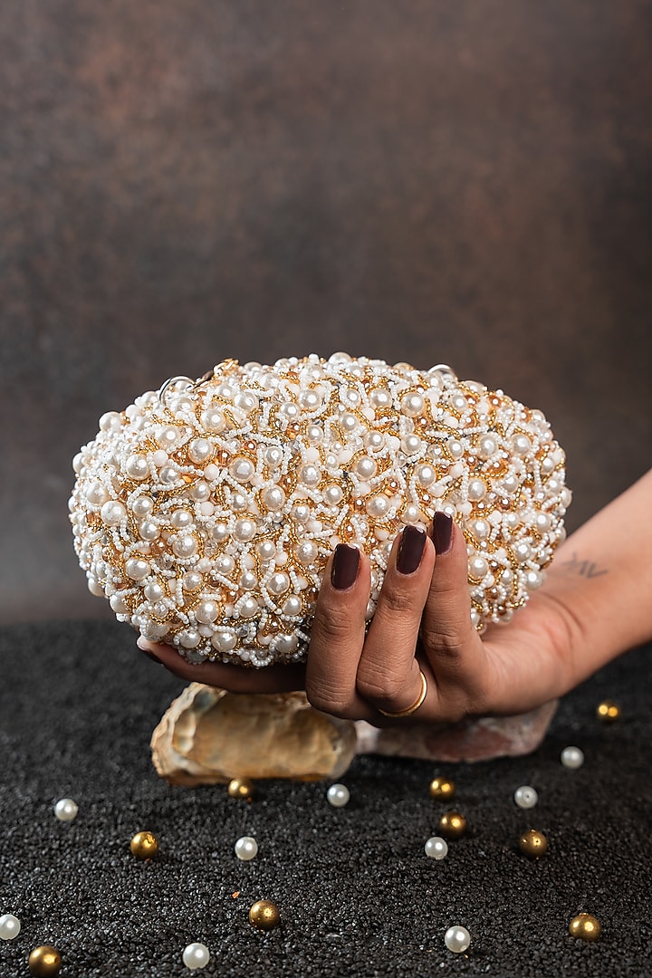 White Silk Bead & Pearl Embroidered Clutch by Nayaab by Sonia at Pernia's Pop Up Shop