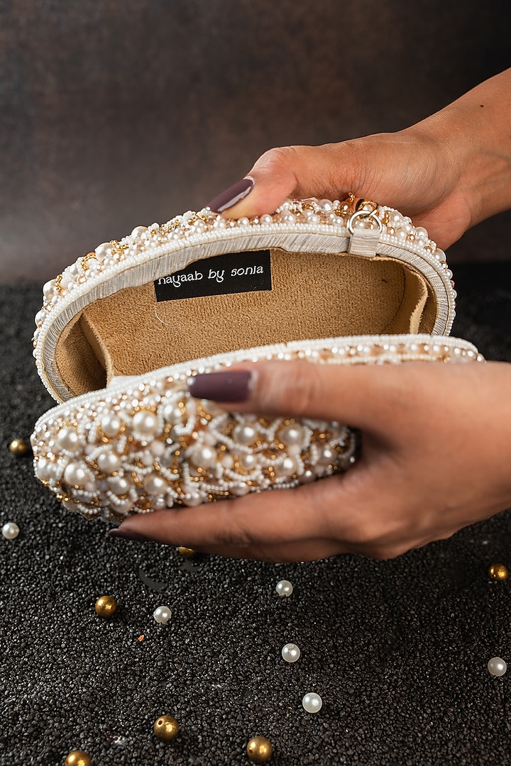 White Silk Bead & Pearl Embroidered Clutch by Nayaab by Sonia at Pernia's Pop Up Shop