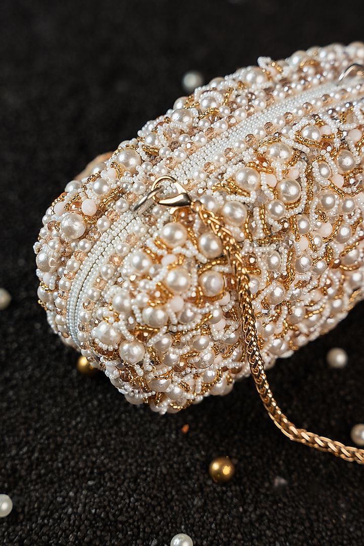 White Silk Bead & Pearl Embroidered Clutch by Nayaab by Sonia at Pernia's Pop Up Shop