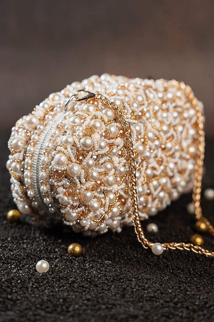 White Silk Bead & Pearl Embroidered Clutch by Nayaab by Sonia at Pernia's Pop Up Shop