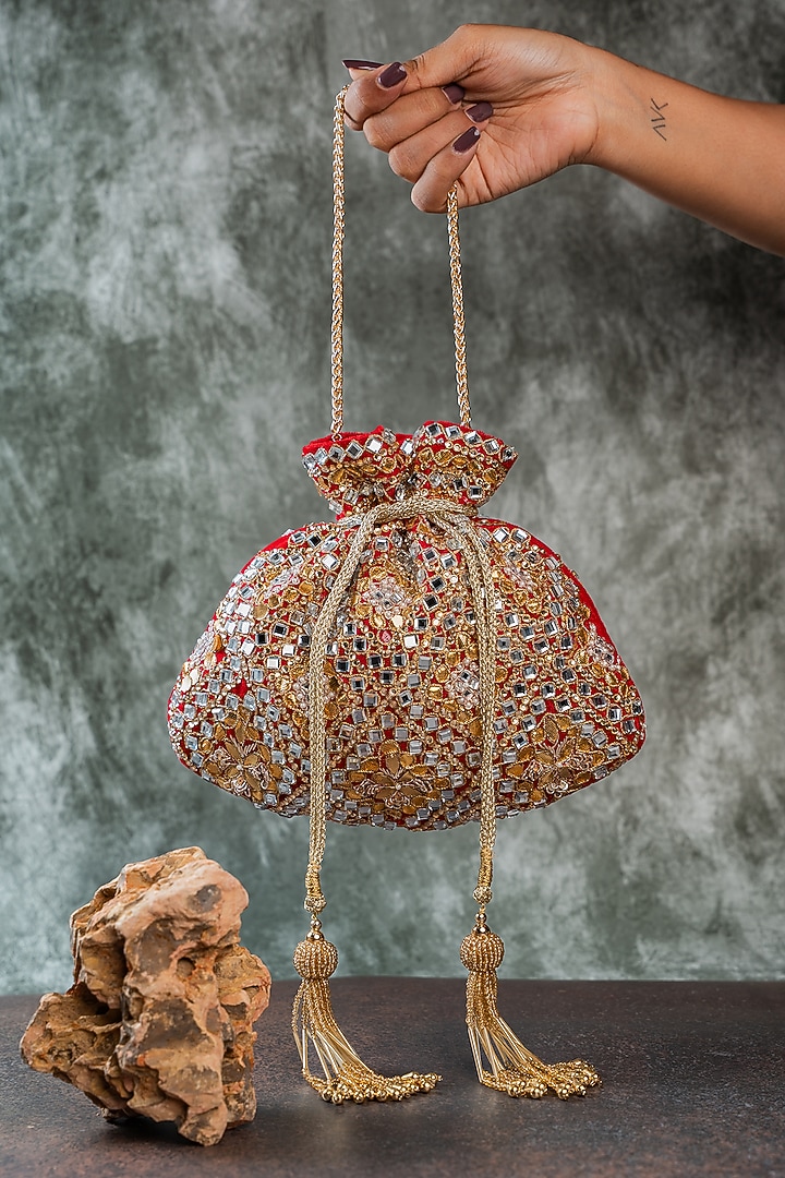 Red Velvet Abla & Mirror Embellished Potli by Nayaab by Sonia at Pernia's Pop Up Shop