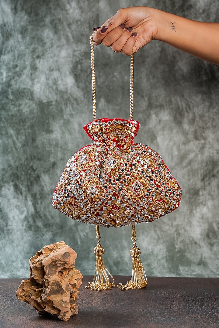 Red Velvet Abla & Mirror Embellished Potli by Nayaab by Sonia at Pernia's Pop Up Shop