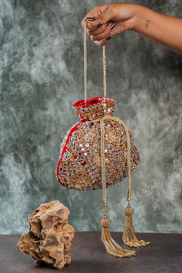 Red Velvet Abla & Mirror Embellished Potli by Nayaab by Sonia at Pernia's Pop Up Shop