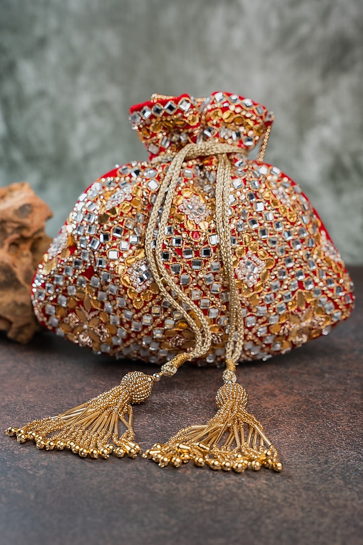 Red Velvet Abla & Mirror Embellished Potli by Nayaab by Sonia at Pernia's Pop Up Shop