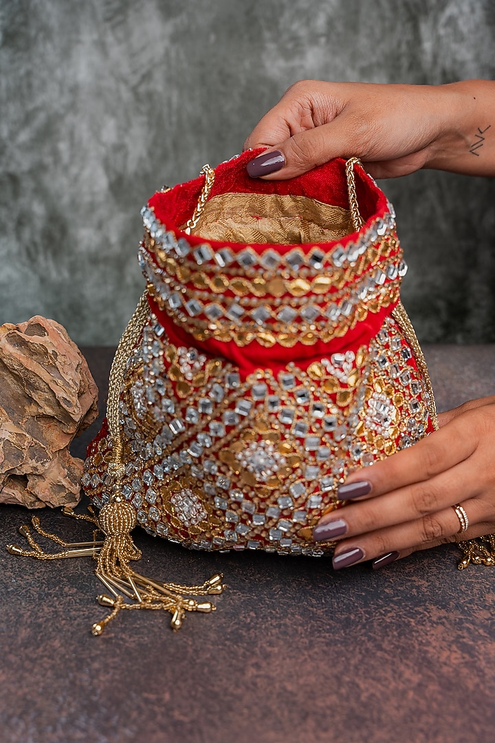 Red Velvet Abla & Mirror Embellished Potli by Nayaab by Sonia at Pernia's Pop Up Shop