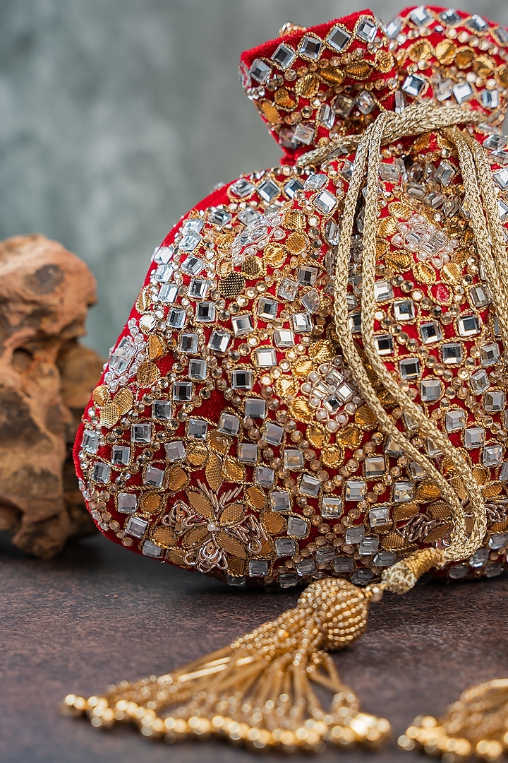 Red Velvet Abla & Mirror Embellished Potli by Nayaab by Sonia at Pernia's Pop Up Shop