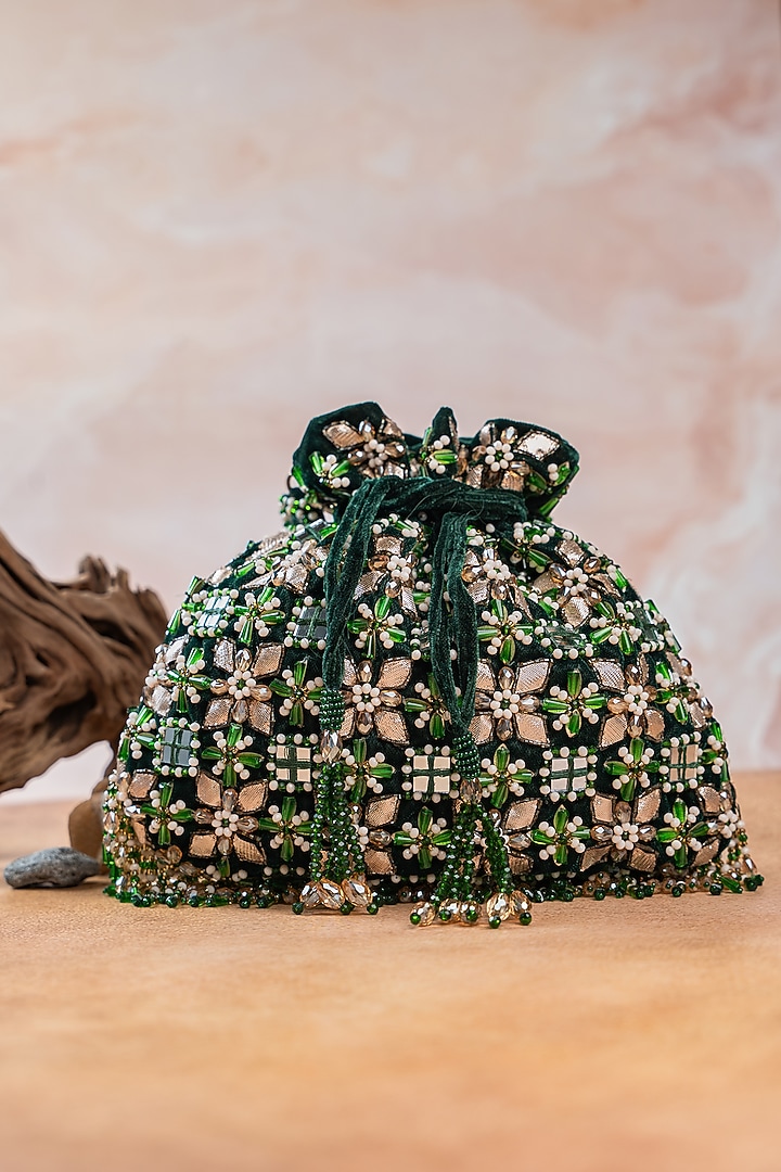Emerald Green Velvet Hand Embellished Potli by Nayaab by Sonia at Pernia's Pop Up Shop