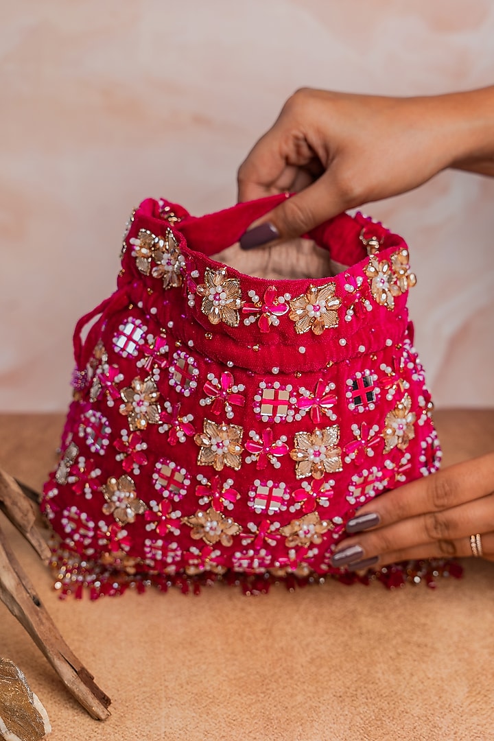 Fuchsia Pink Velvet Floral Beads Embellished Potli by Nayaab by Sonia at Pernia's Pop Up Shop