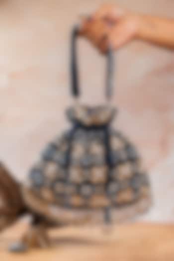 Midnight Blue Velvet Floral Beads Embellished Potli by Nayaab by Sonia at Pernia's Pop Up Shop