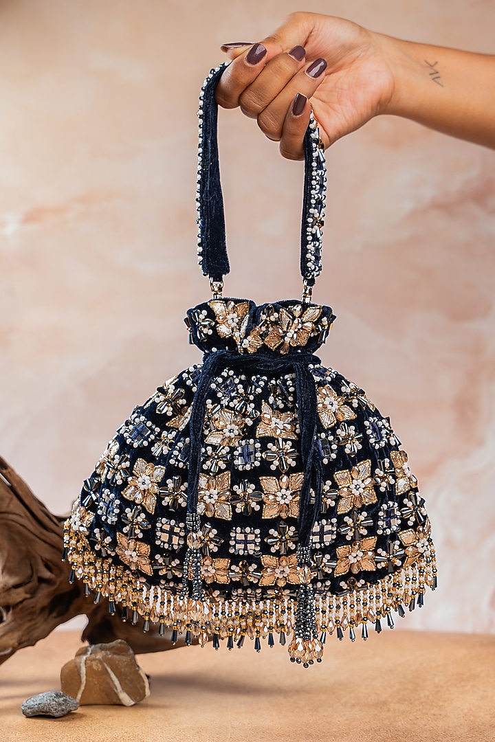 Midnight Blue Velvet Floral Beads Embellished Potli by Nayaab by Sonia at Pernia's Pop Up Shop