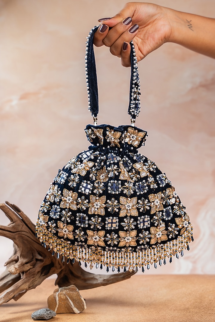 Midnight Blue Velvet Floral Beads Embellished Potli by Nayaab by Sonia at Pernia's Pop Up Shop
