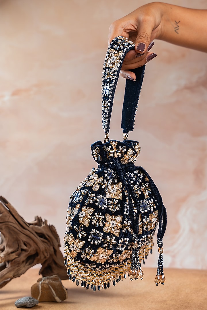 Midnight Blue Velvet Floral Beads Embellished Potli by Nayaab by Sonia at Pernia's Pop Up Shop