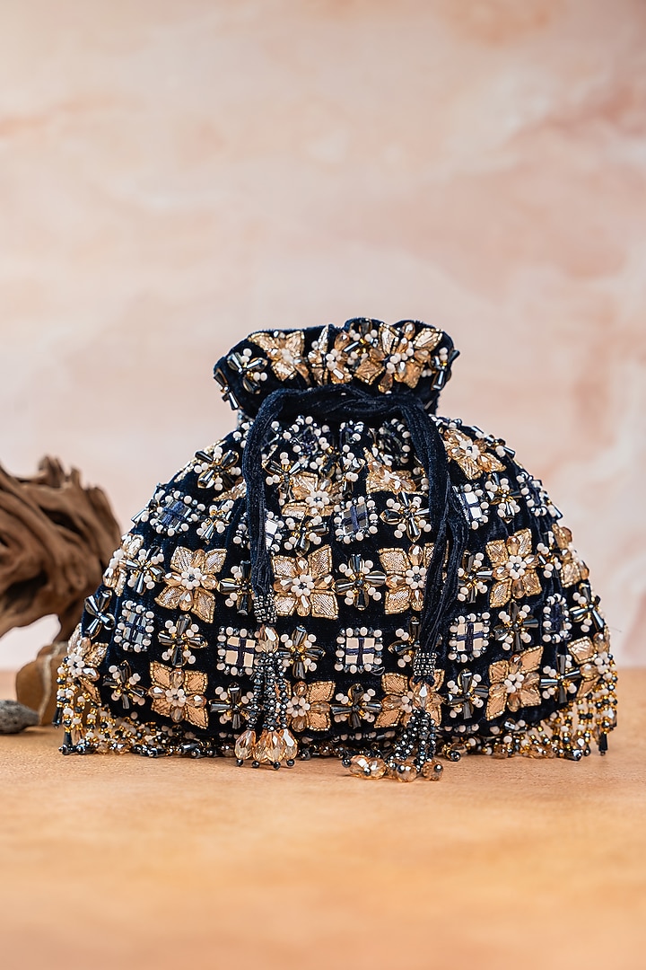 Midnight Blue Velvet Floral Beads Embellished Potli by Nayaab by Sonia at Pernia's Pop Up Shop