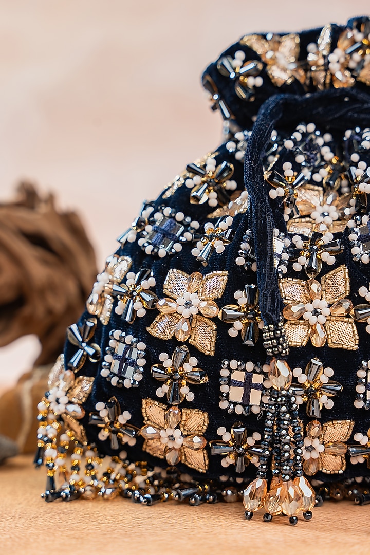 Midnight Blue Velvet Floral Beads Embellished Potli by Nayaab by Sonia at Pernia's Pop Up Shop