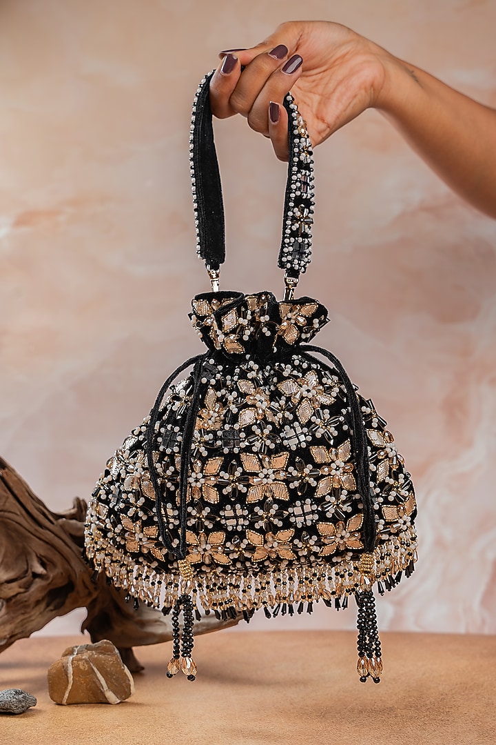Black Velvet Floral Motifs Embellished Potli by Nayaab by Sonia at Pernia's Pop Up Shop