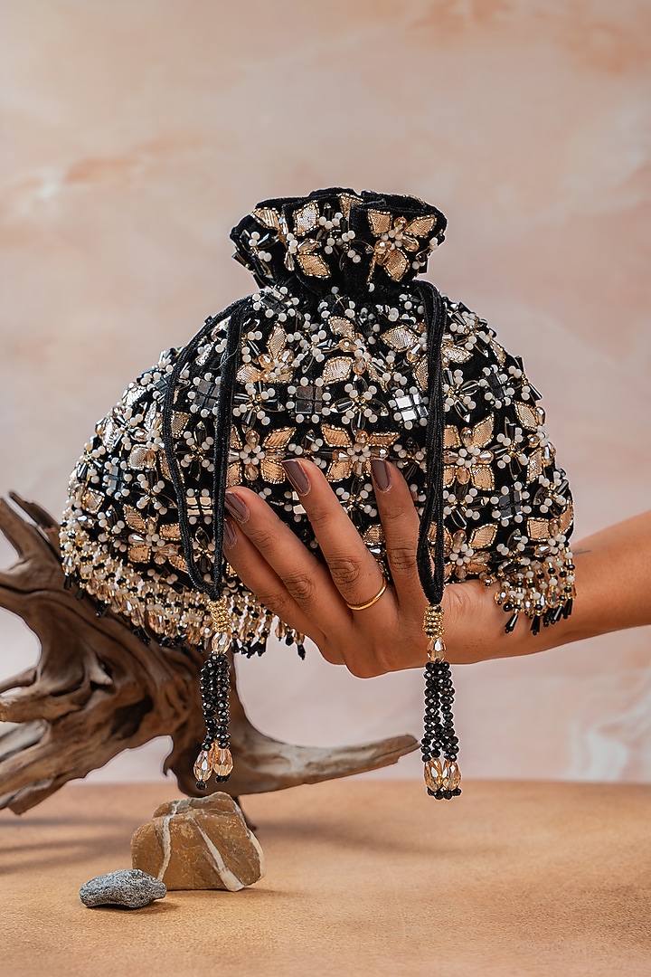 Black Velvet Floral Motifs Embellished Potli by Nayaab by Sonia at Pernia's Pop Up Shop