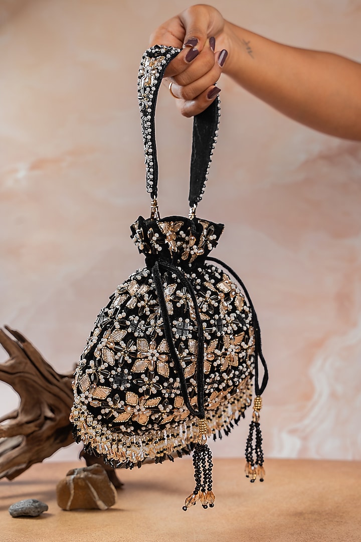 Black Velvet Floral Motifs Embellished Potli by Nayaab by Sonia at Pernia's Pop Up Shop