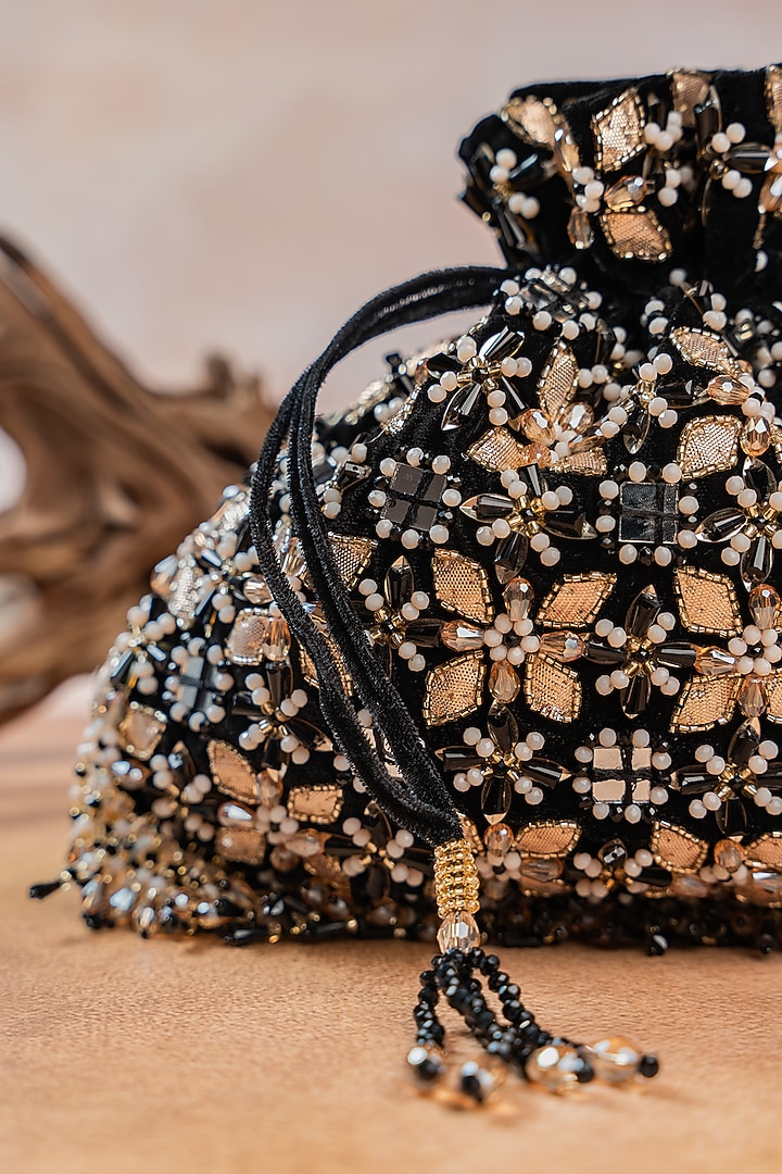 Black Velvet Floral Motifs Embellished Potli by Nayaab by Sonia at Pernia's Pop Up Shop