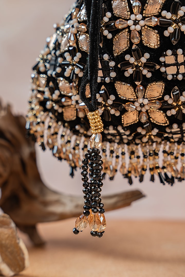 Black Velvet Floral Motifs Embellished Potli by Nayaab by Sonia at Pernia's Pop Up Shop