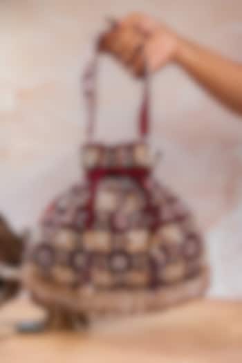 Ruby Red Velvet Floral Embellished Potli Bag by Nayaab by Sonia at Pernia's Pop Up Shop