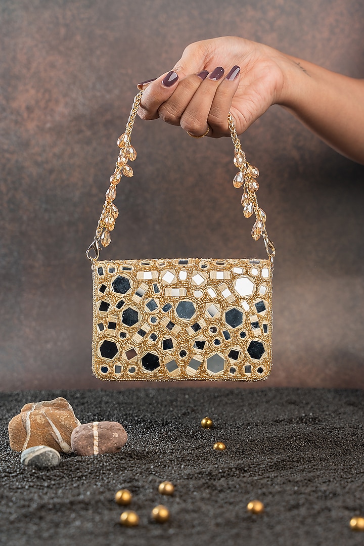 Gold Silk Bead & Mirror Work Clutch by Nayaab by Sonia at Pernia's Pop Up Shop