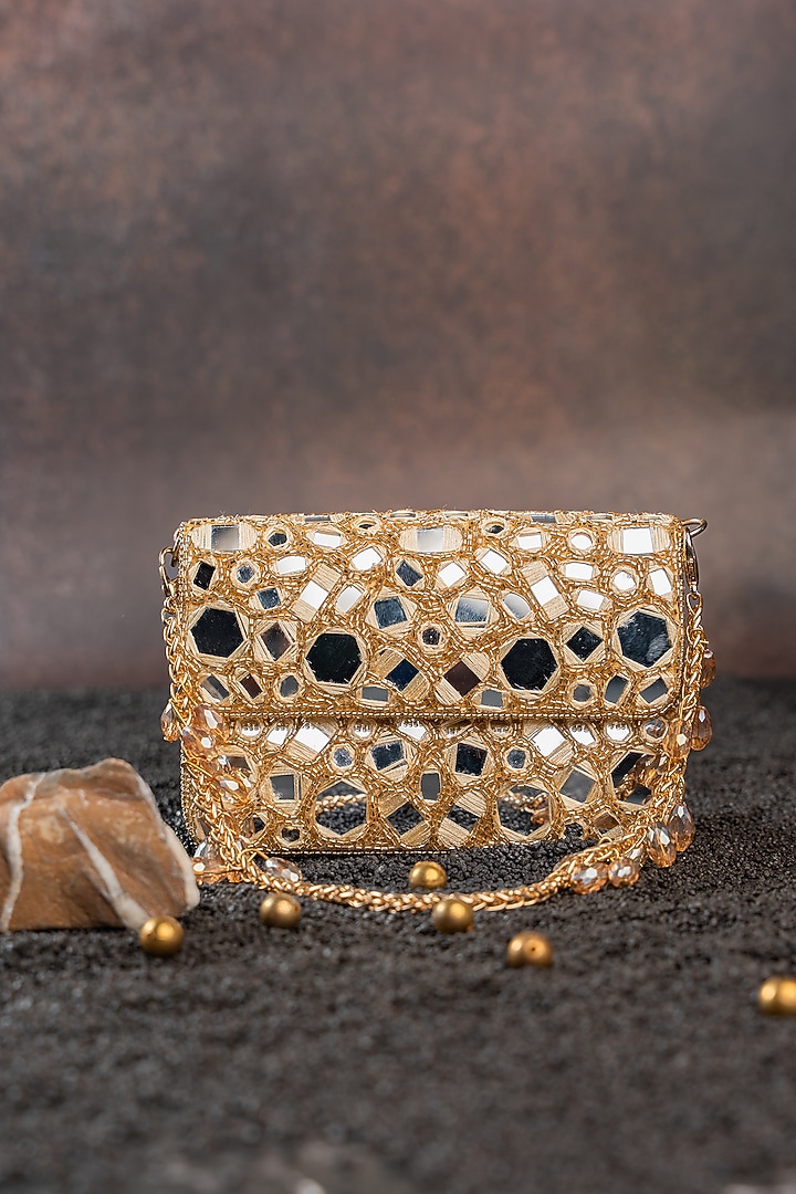 Gold Silk Bead & Mirror Work Clutch by Nayaab by Sonia at Pernia's Pop Up Shop