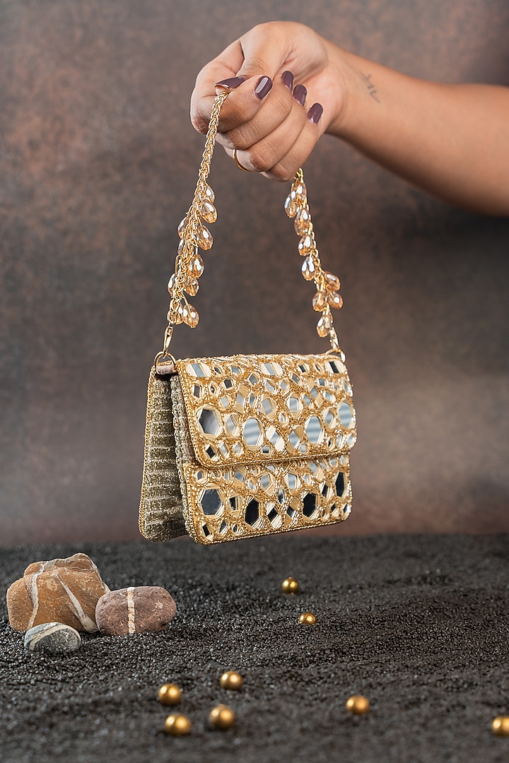 Gold Silk Bead & Mirror Work Clutch by Nayaab by Sonia at Pernia's Pop Up Shop